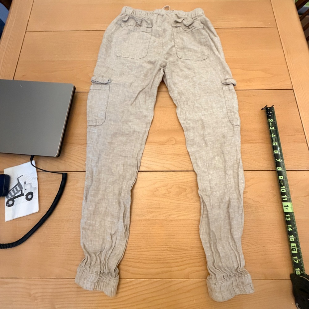 Nicole Miller 100% Linen Cargo Joggers Womens Small Tan Beige Boho Minimalist - Picture 8 of 9